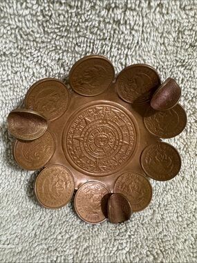 Vintage Copper Tone Decorative Coin Dish - Aztec Calendar Motif